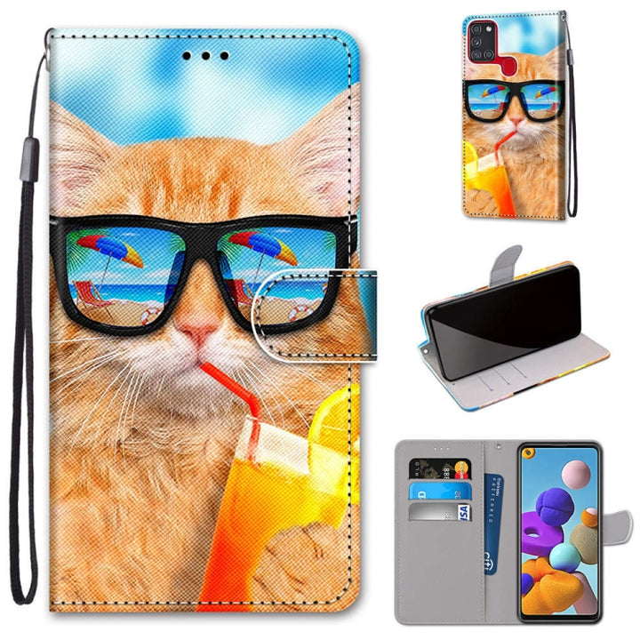 Coloured Drawing Cross Texture Horizontal Flip PU Leather Case with Holder & Card Slots & Wallet & Lanyard, For Samsung Galaxy A21s