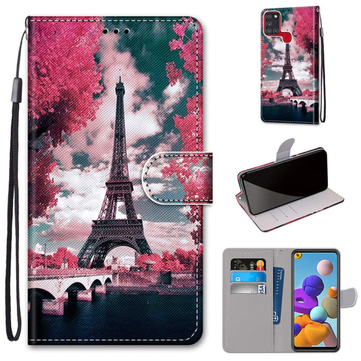 Coloured Drawing Cross Texture Horizontal Flip PU Leather Case with Holder & Card Slots & Wallet & Lanyard, For Samsung Galaxy A21s