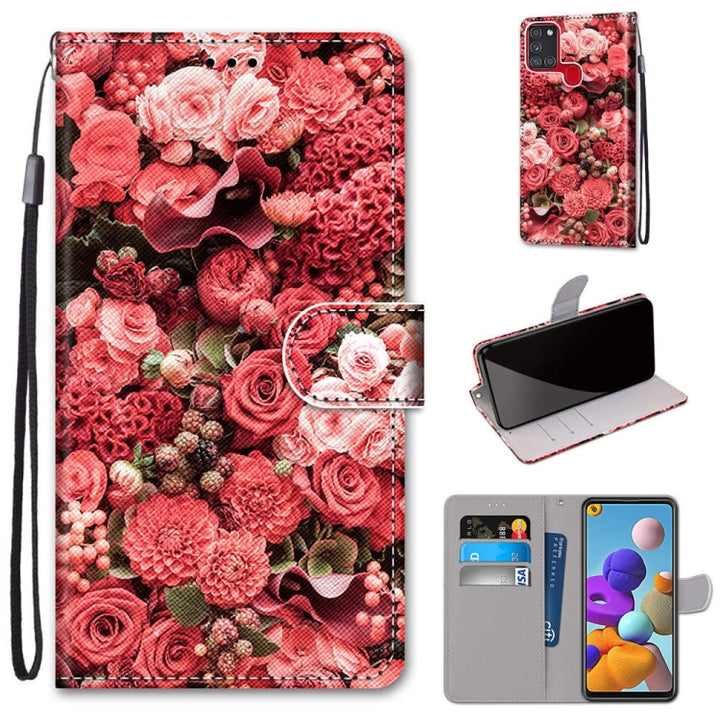 Coloured Drawing Cross Texture Horizontal Flip PU Leather Case with Holder & Card Slots & Wallet & Lanyard, For Samsung Galaxy A21s