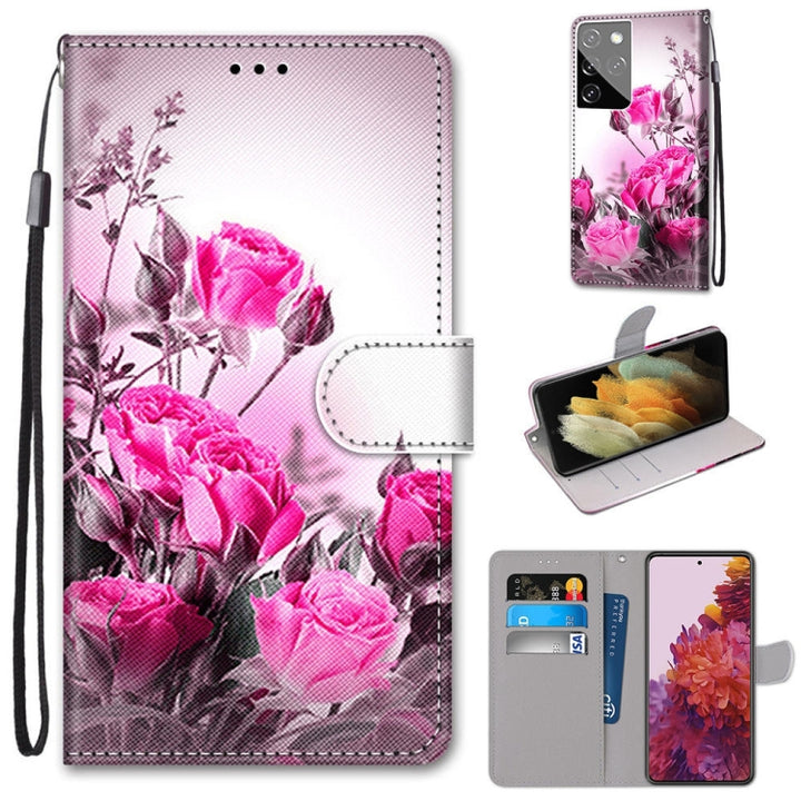 Coloured Drawing Cross Texture Horizontal Flip PU Leather Case with Holder & Card Slots & Wallet & Lanyard, For Samsung Galaxy S21 Ultra 5G