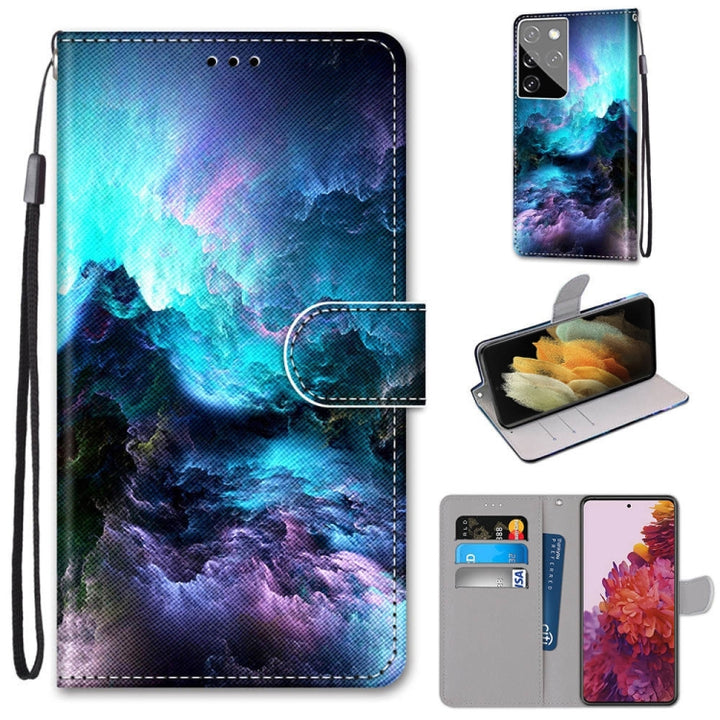 Coloured Drawing Cross Texture Horizontal Flip PU Leather Case with Holder & Card Slots & Wallet & Lanyard, For Samsung Galaxy S21 Ultra 5G