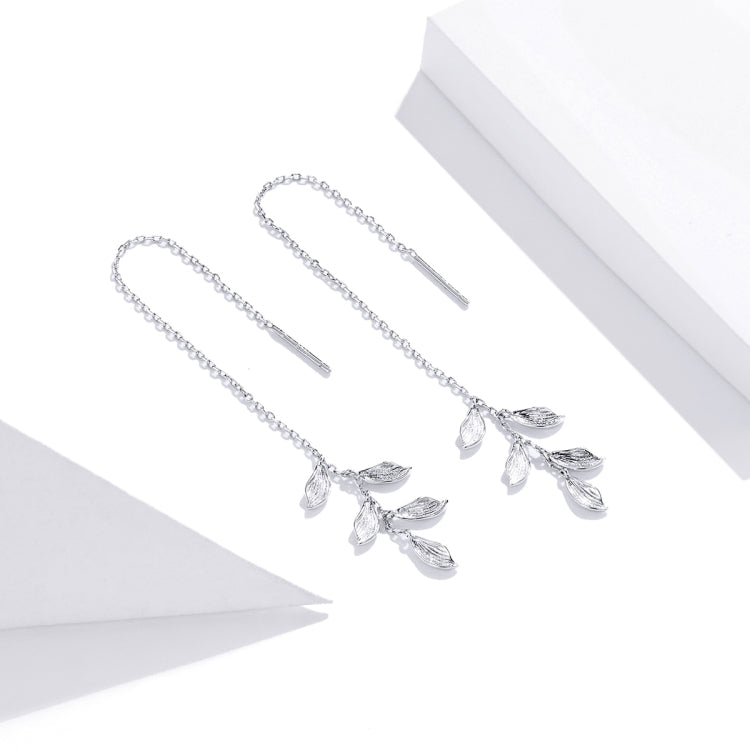 S925 Sterling Silver Simple Style Long Leaves Women Earrings, Long Leaves