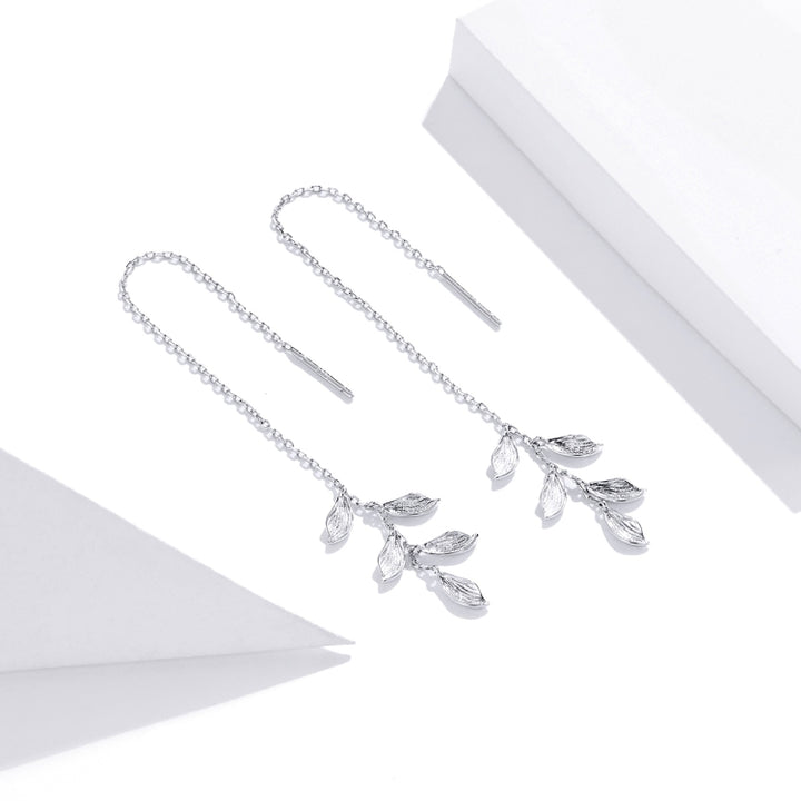 S925 Sterling Silver Simple Style Long Leaves Women Earrings, Long Leaves