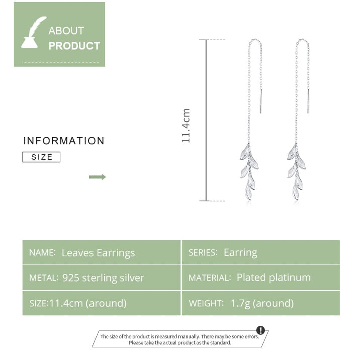 S925 Sterling Silver Simple Style Long Leaves Women Earrings, Long Leaves