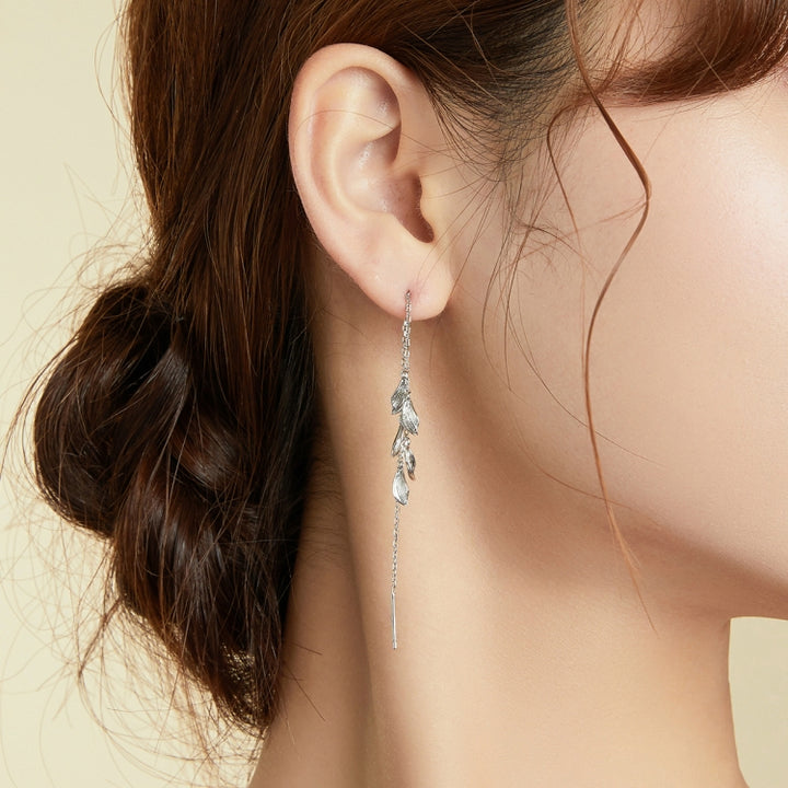 S925 Sterling Silver Simple Style Long Leaves Women Earrings, Long Leaves