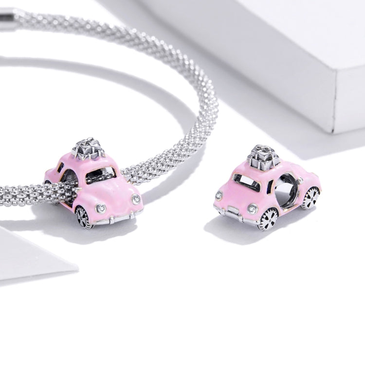 S925 Sterling Silver Pink Car Beads DIY Bracelet Necklace Accessories, Pink Car