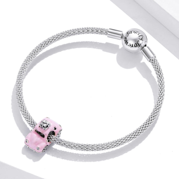 S925 Sterling Silver Pink Car Beads DIY Bracelet Necklace Accessories, Pink Car