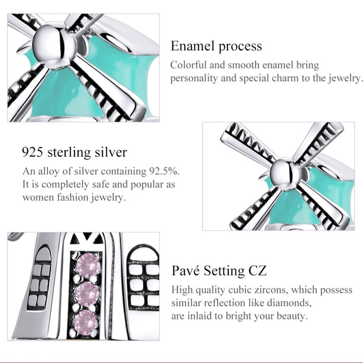 S925 Sterling Silver Dutch Windmills Beads DIY Bracelet Necklace Accessories, Dutch Windmills