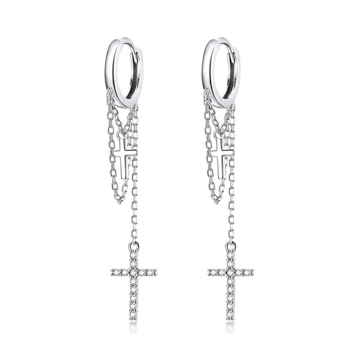 S925 Sterling Silver Long Tassel Shining Cross Women Earrings, Long Tassel Shining Cross