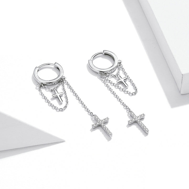 S925 Sterling Silver Long Tassel Shining Cross Women Earrings, Long Tassel Shining Cross