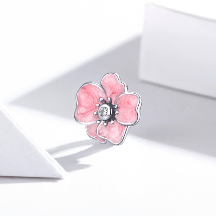 S925 Sterling Silver Pink Flower Beads DIY Bracelet Necklace Accessories, Pink Flower