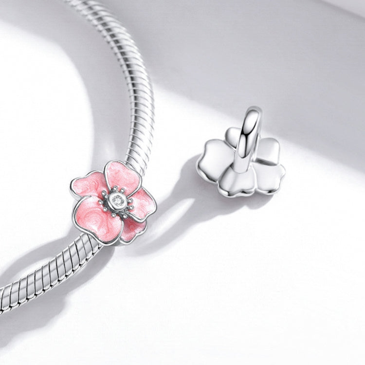 S925 Sterling Silver Pink Flower Beads DIY Bracelet Necklace Accessories, Pink Flower