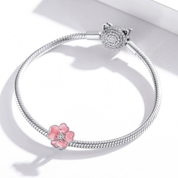 S925 Sterling Silver Pink Flower Beads DIY Bracelet Necklace Accessories, Pink Flower