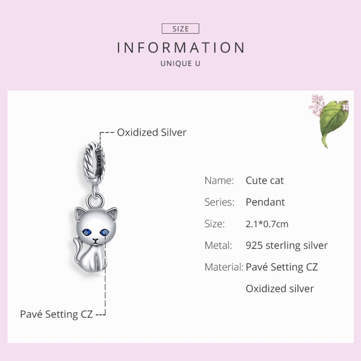 S925 Sterling Silver Cute Cat Pendant DIY Bracelet Necklace Accessories, Cat