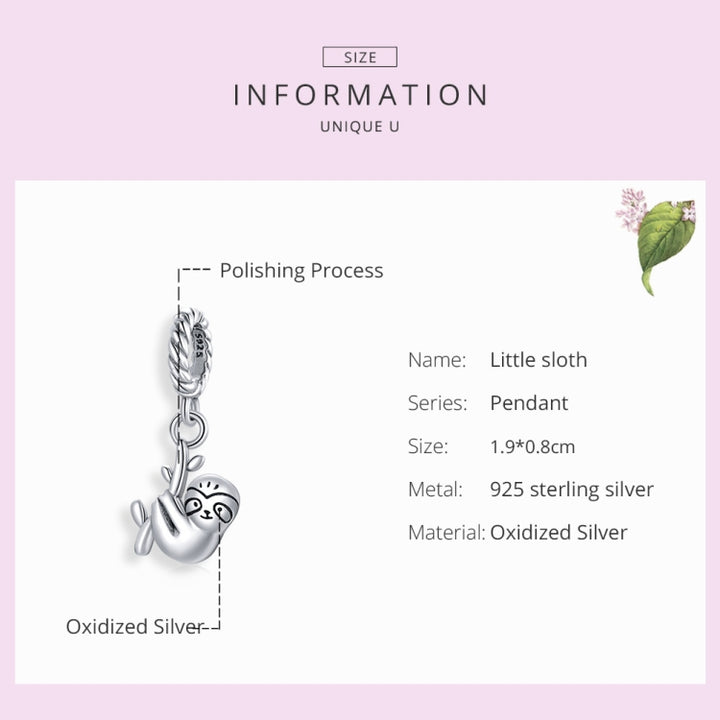 S925 Sterling Silver Cute Little Sloth Pendant DIY Bracelet Necklace Accessories, Little Sloth