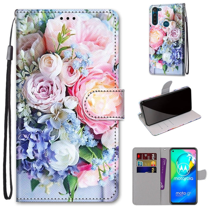 Coloured Drawing Cross Texture Horizontal Flip PU Leather Case with Holder & Card Slots & Wallet & Lanyard, For Motorola Moto G8 Power