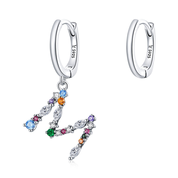 S925 Sterling Silver Colorful Zircon Letters M Asymmetry Women Earrings, Letters M