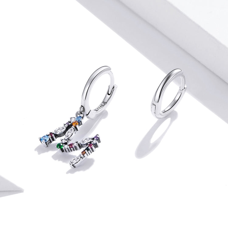 S925 Sterling Silver Colorful Zircon Letters M Asymmetry Women Earrings, Letters M