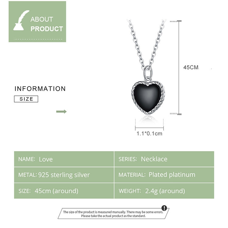 S925 Sterling Silver Black Heart Women Nacklace Jewelry, Black Heart