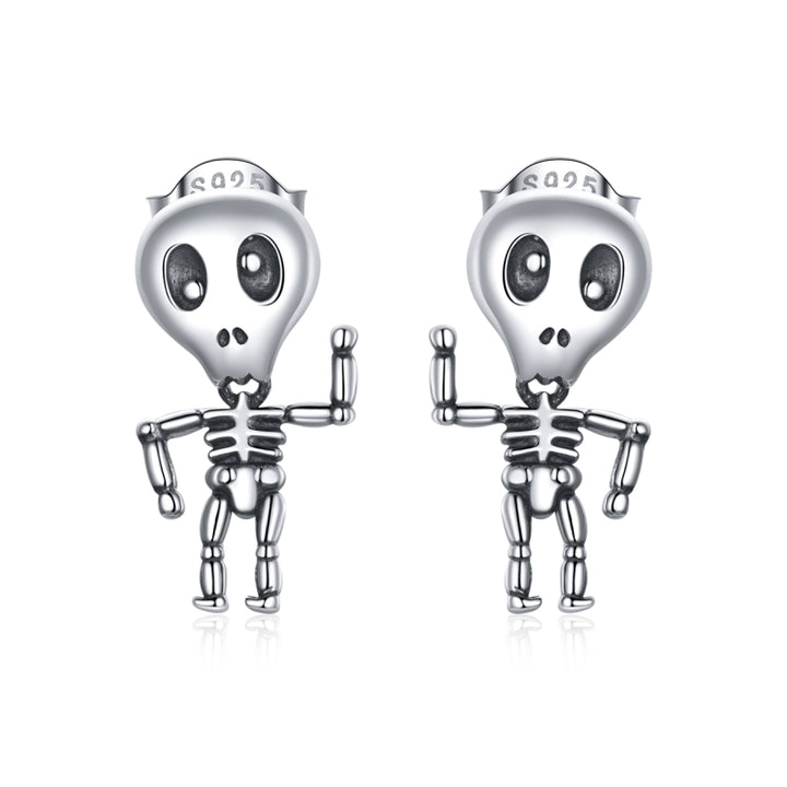 S925 Sterling Silver Cool Skeleton Man Ear Studs Women Earrings, Skeleton Man