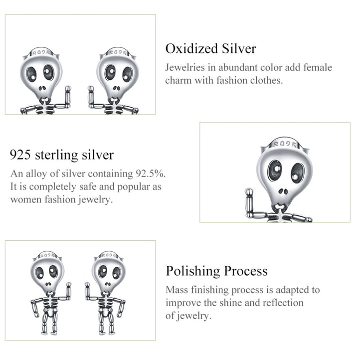 S925 Sterling Silver Cool Skeleton Man Ear Studs Women Earrings, Skeleton Man