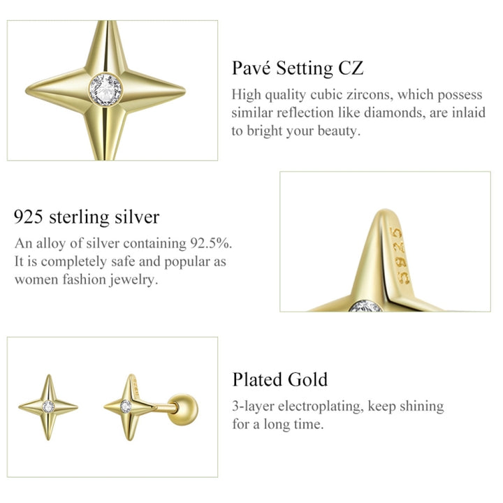 S925 Sterling Silver Golden Stars Ear Studs Women Earrings, Golden Stars