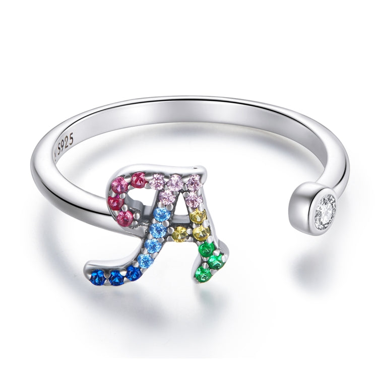 S925 Sterling Silver 26 English Letters Colorful Zircon Women Open Ring, A, B, C, D, E, F, G, H, I, J, K, L, M, N, O, P, Q, R, S, T, U, V, W, X, Y, Z