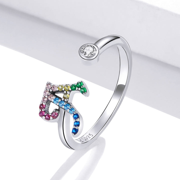 S925 Sterling Silver 26 English Letters Colorful Zircon Women Open Ring, A, B, C, D, E, F, G, H, I, J, K, L, M, N, O, P, Q, R, S, T, U, V, W, X, Y, Z