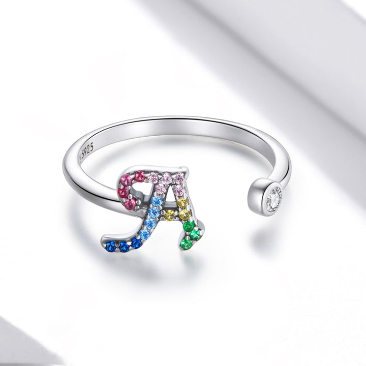 S925 Sterling Silver 26 English Letters Colorful Zircon Women Open Ring, A, B, C, D, E, F, G, H, I, J, K, L, M, N, O, P, Q, R, S, T, U, V, W, X, Y, Z