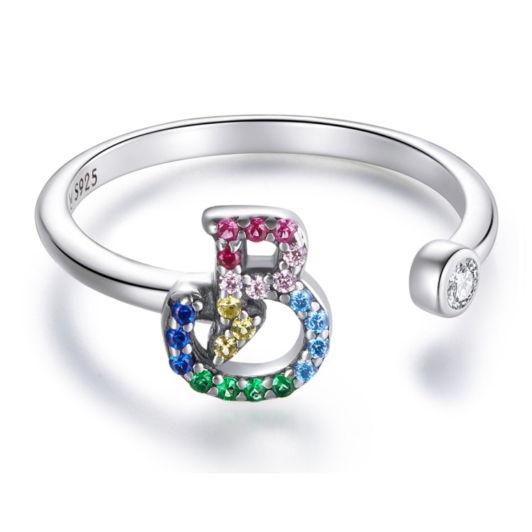 S925 Sterling Silver 26 English Letters Colorful Zircon Women Open Ring, A, B, C, D, E, F, G, H, I, J, K, L, M, N, O, P, Q, R, S, T, U, V, W, X, Y, Z