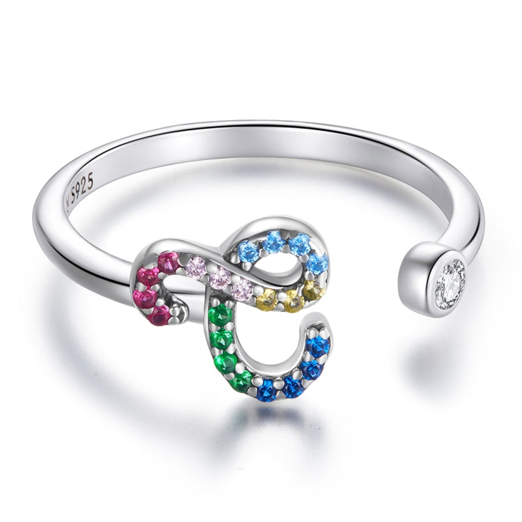 S925 Sterling Silver 26 English Letters Colorful Zircon Women Open Ring, A, B, C, D, E, F, G, H, I, J, K, L, M, N, O, P, Q, R, S, T, U, V, W, X, Y, Z