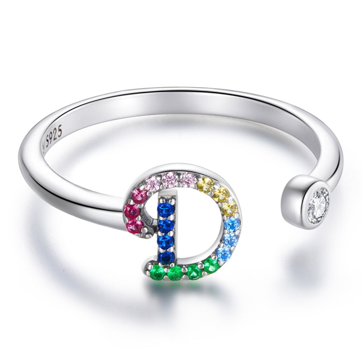 S925 Sterling Silver 26 English Letters Colorful Zircon Women Open Ring, A, B, C, D, E, F, G, H, I, J, K, L, M, N, O, P, Q, R, S, T, U, V, W, X, Y, Z