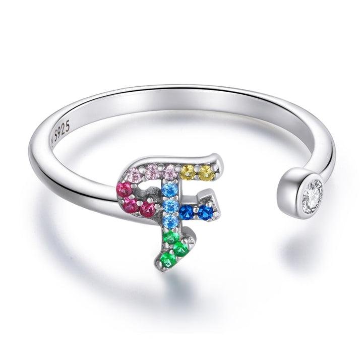 S925 Sterling Silver 26 English Letters Colorful Zircon Women Open Ring, A, B, C, D, E, F, G, H, I, J, K, L, M, N, O, P, Q, R, S, T, U, V, W, X, Y, Z