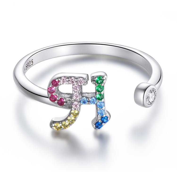 S925 Sterling Silver 26 English Letters Colorful Zircon Women Open Ring, A, B, C, D, E, F, G, H, I, J, K, L, M, N, O, P, Q, R, S, T, U, V, W, X, Y, Z