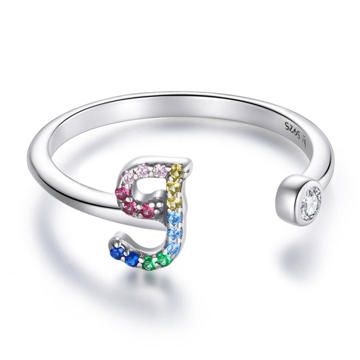 S925 Sterling Silver 26 English Letters Colorful Zircon Women Open Ring, A, B, C, D, E, F, G, H, I, J, K, L, M, N, O, P, Q, R, S, T, U, V, W, X, Y, Z