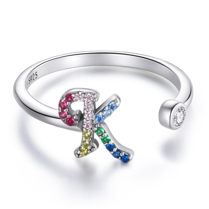 S925 Sterling Silver 26 English Letters Colorful Zircon Women Open Ring, A, B, C, D, E, F, G, H, I, J, K, L, M, N, O, P, Q, R, S, T, U, V, W, X, Y, Z