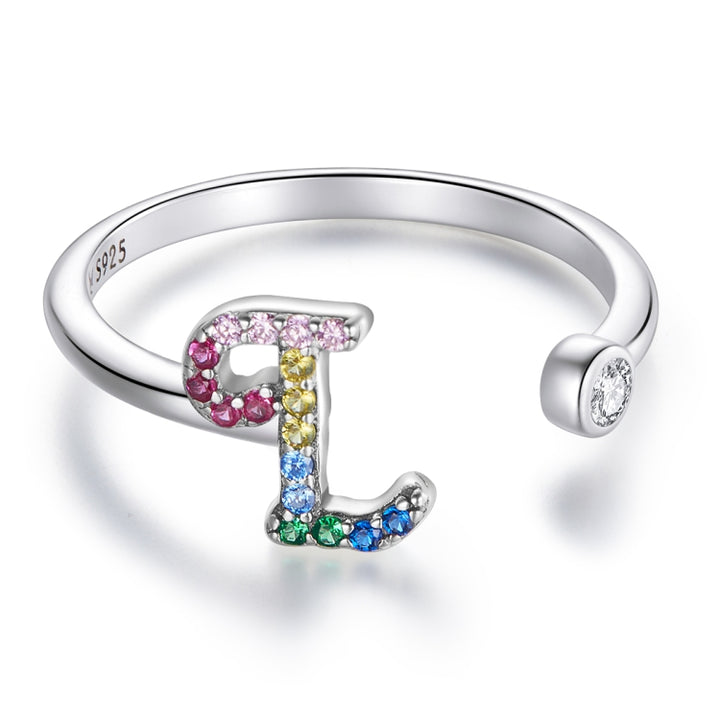 S925 Sterling Silver 26 English Letters Colorful Zircon Women Open Ring, A, B, C, D, E, F, G, H, I, J, K, L, M, N, O, P, Q, R, S, T, U, V, W, X, Y, Z