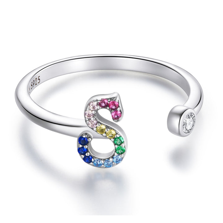 S925 Sterling Silver 26 English Letters Colorful Zircon Women Open Ring, A, B, C, D, E, F, G, H, I, J, K, L, M, N, O, P, Q, R, S, T, U, V, W, X, Y, Z