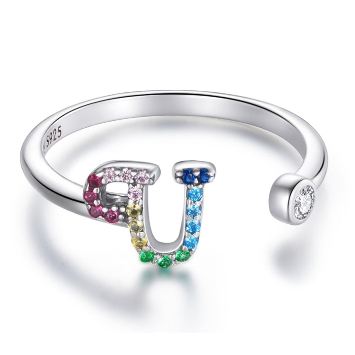 S925 Sterling Silver 26 English Letters Colorful Zircon Women Open Ring, A, B, C, D, E, F, G, H, I, J, K, L, M, N, O, P, Q, R, S, T, U, V, W, X, Y, Z