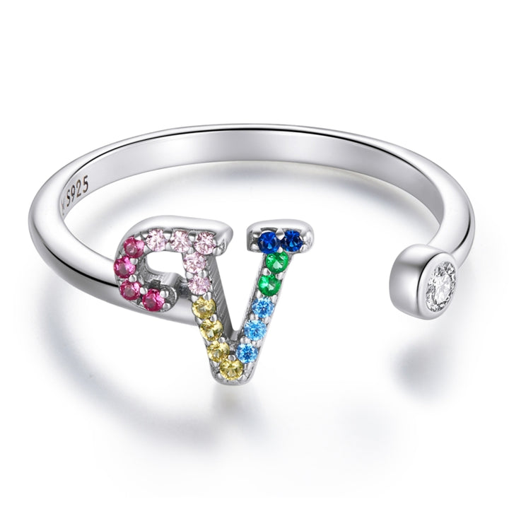 S925 Sterling Silver 26 English Letters Colorful Zircon Women Open Ring, A, B, C, D, E, F, G, H, I, J, K, L, M, N, O, P, Q, R, S, T, U, V, W, X, Y, Z