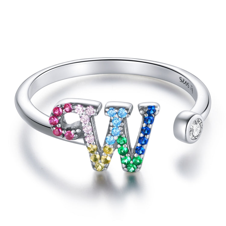 S925 Sterling Silver 26 English Letters Colorful Zircon Women Open Ring, A, B, C, D, E, F, G, H, I, J, K, L, M, N, O, P, Q, R, S, T, U, V, W, X, Y, Z