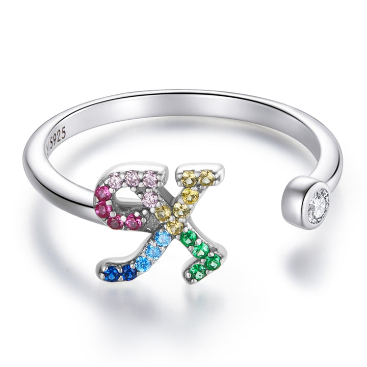 S925 Sterling Silver 26 English Letters Colorful Zircon Women Open Ring, A, B, C, D, E, F, G, H, I, J, K, L, M, N, O, P, Q, R, S, T, U, V, W, X, Y, Z