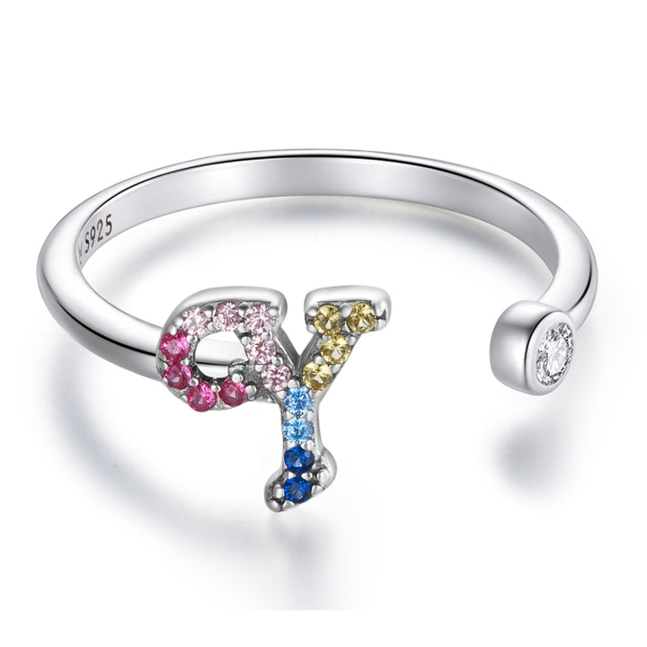 S925 Sterling Silver 26 English Letters Colorful Zircon Women Open Ring, A, B, C, D, E, F, G, H, I, J, K, L, M, N, O, P, Q, R, S, T, U, V, W, X, Y, Z