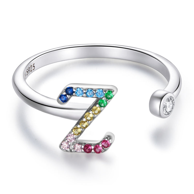 S925 Sterling Silver 26 English Letters Colorful Zircon Women Open Ring, A, B, C, D, E, F, G, H, I, J, K, L, M, N, O, P, Q, R, S, T, U, V, W, X, Y, Z