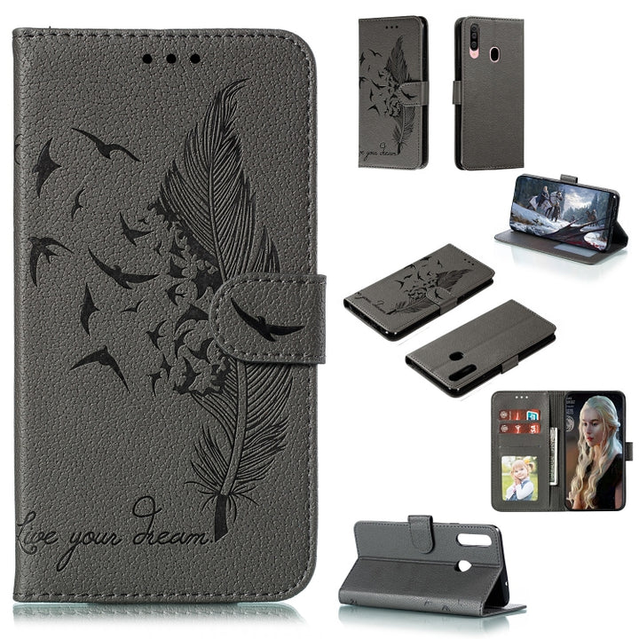 Feather Pattern Litchi Texture Horizontal Flip Leather Case with Holder & Wallet & Card Slots, For Galaxy A20s, For Galaxy M30s