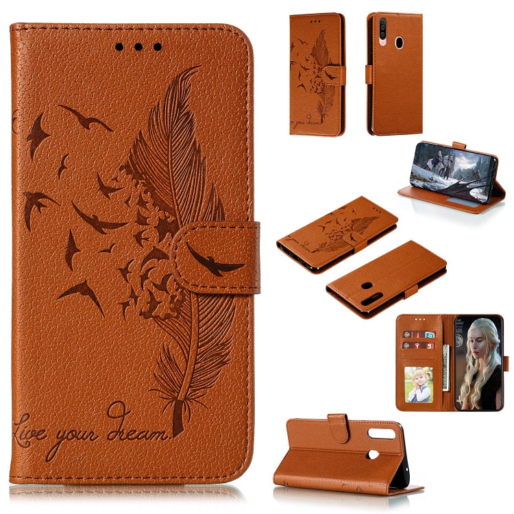 Feather Pattern Litchi Texture Horizontal Flip Leather Case with Holder & Wallet & Card Slots, For Galaxy A20s, For Galaxy M30s