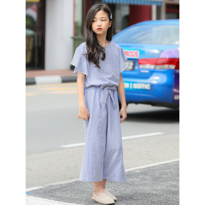 M582 Girls Summer Striped Top Loose Wide-leg Pants Two-piece Suit, 120cm, 130cm, 140cm, 150cm, 160cm, 170cm