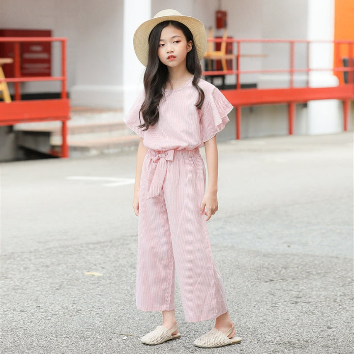 M582 Girls Summer Striped Top Loose Wide-leg Pants Two-piece Suit, 120cm, 130cm, 140cm, 150cm, 160cm, 170cm