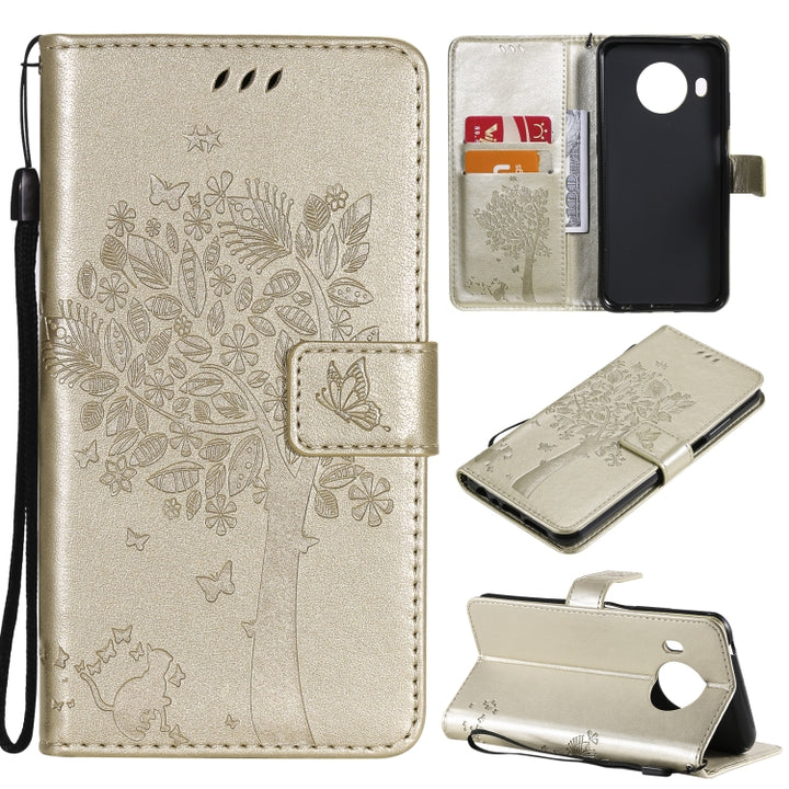 Tree & Cat Pattern Pressed Printing Horizontal Flip PU Leather Case with Holder & Card Slots & Wallet & Lanyard, For Nokia X10, For Nokia 5.3