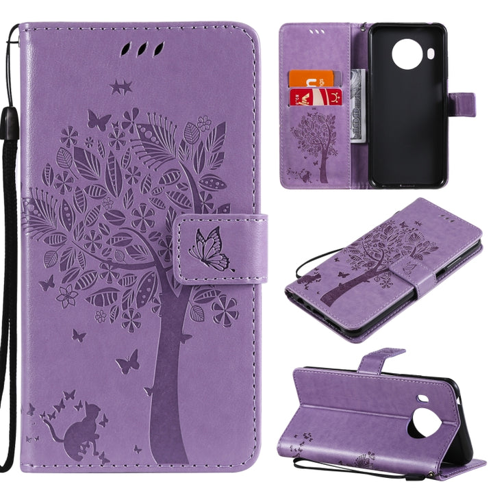 Tree & Cat Pattern Pressed Printing Horizontal Flip PU Leather Case with Holder & Card Slots & Wallet & Lanyard, For Nokia X10, For Nokia 5.3